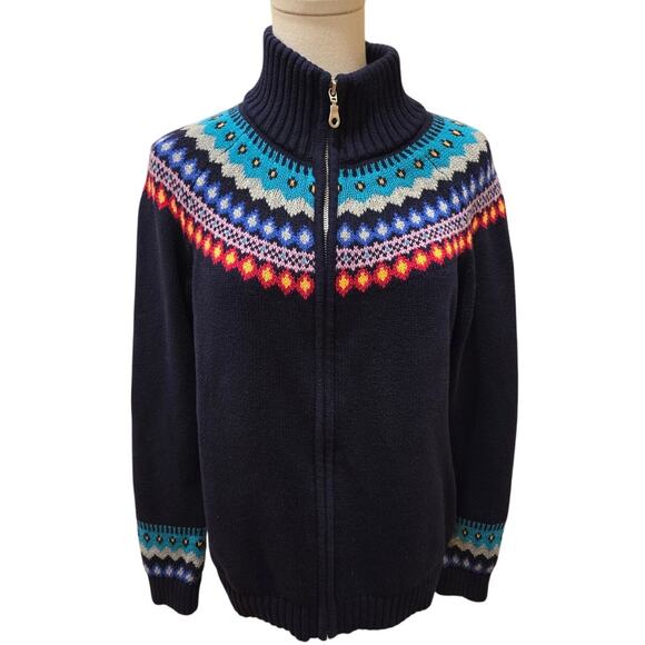 Talbots‎ Fair Isle Navy Blue Cardigan Sweater Full Zip  High Neck 100% Cotton LP - Picture 1 of 8